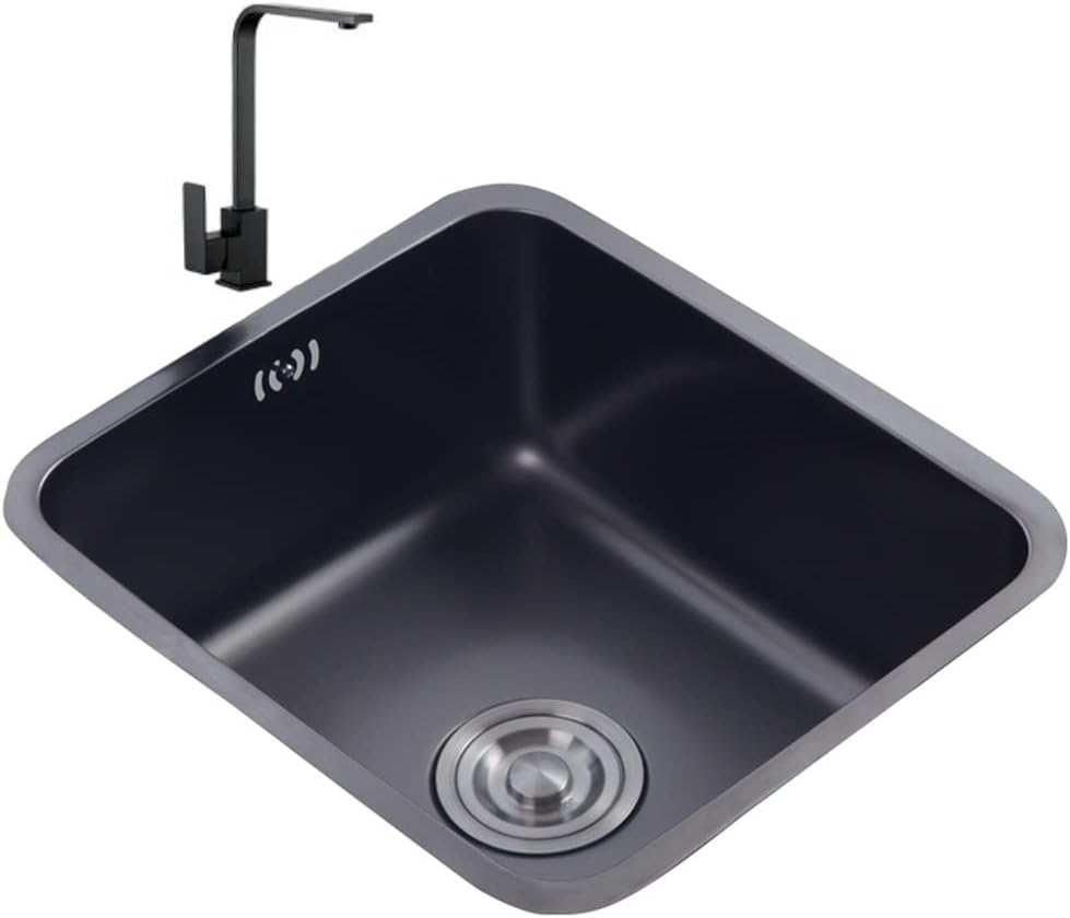 Kitchen Sink, With Faucet Square Black Single Sink, 304 Stainless Steel Brushed Prep Sink, Drop-In Or Undermount Installation, Easy To Clean