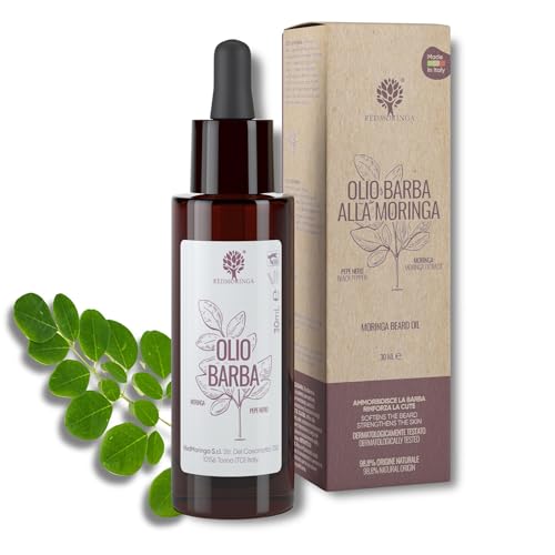 RedMoringa Olio Barba Uomo Idrata e Nutre barba e pelle - 99% Naturale - Con Moringa, Olio di Argan, Jojoba e Macadamia - 30ml - Made in Italy