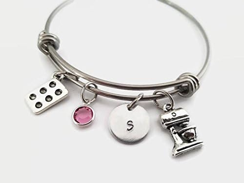 Baking charm bangle personalized adjustable bracelet with initial and birthstone gift for baker