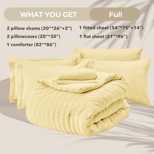Image of HYMOKEGE Yellow Full Size Comforter Sets Seersucker 7 Pieces, All Season Luxury Bed in a Bag for Bedroom, Bedding Set with Comforter, Sheets, Pillowcases & Shams