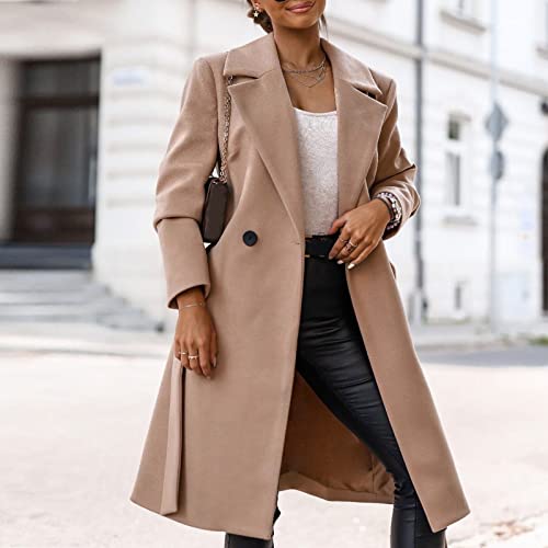 Womens Elegant Notched Collar Coats Faux Wool Blend Trench Coats Long Jacket With Belt Windproof Warm Thin Windbreaker #TOP1