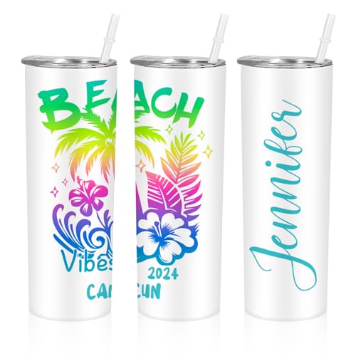 Personalized Beach Vacation Tumble Custom Girls Trip Tumbler with Name 20oz Stainless Steel Insulated Cups with Lids and Straws Family Trip Gifts Customized Beach Vibes Travel Coffee Cups -  Posh Present, BWQW-204