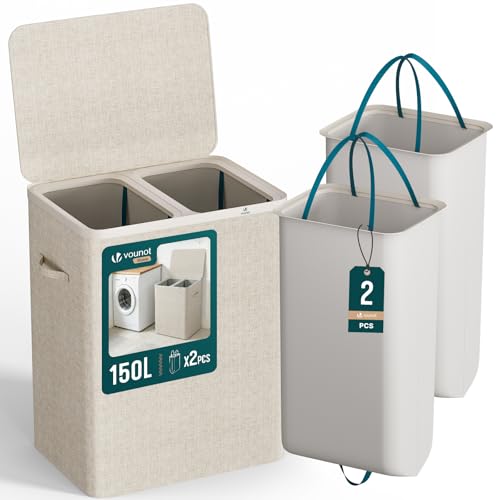 VOUNOT® Panier à Linge 150L Rectangulaire à 2 Compartiments Grande Capacité avec Couvercle et 2 Sacs Amovibles Auto-Ajustable avec Poignées pour Salle de...