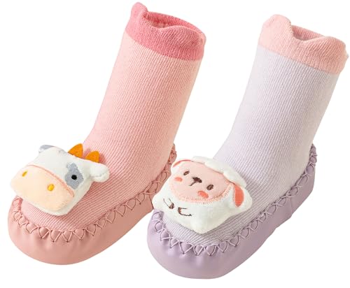 Happy Cherry Baby Non Slip Walking Warm Socks Unisex Baby Winter Fall Spring Socks Cartoon Sneakers Indoor Outdoor Pink Cow+Purple Sheep 6-12 Months