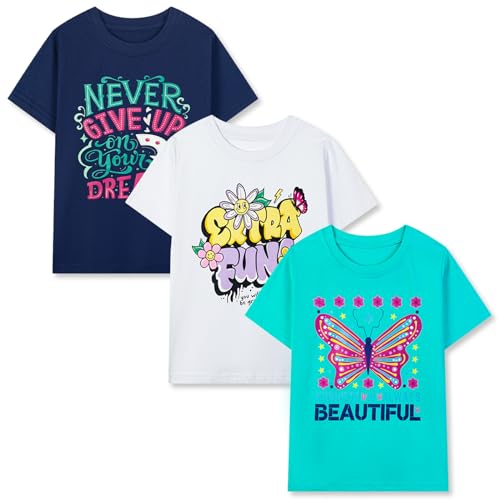 Image of HILEELANG Girl T-Shirts Short Sleeve Graphic Tees Cotton Casual Summer Tops Shirts Packs