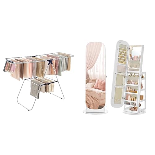 SONGMICS Clothes Drying Rack, Jewelry Storage Cabinet with Rounded Wide Full-Length Mirror, ULLR52BU and UJJC036W01