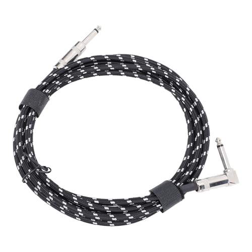 Aramox Right Angle Guitar Cord, 6.5mm Instrument Cable with Oxygen-Free Copper Core for Electric Guitar Bass Amp Pedal, 3 Meters Nylon Braided Noise Reduction for Home Studio Stage (Black Line White)