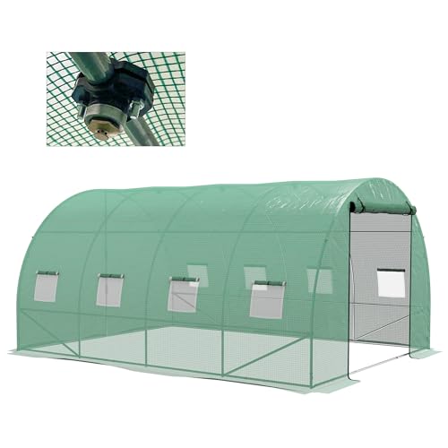 Outsunny Serre de Jardin Tunnel 12 m² Serre à tomates avec système d'arrosage intégré 3L x 2l x 2H m Acier renforcé + PE Haute densité 140 g/m² 8 fenêtres Porte Enroulable Vert
