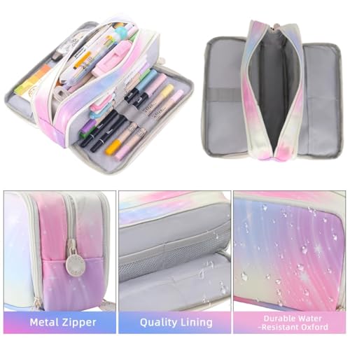 Image of Large Pencil Case 3 Compartments Pencil Pouch Big Capacity Pencil Bag Oxford Stationery Storage Pen Bag Cosmetic Makeup Pouch for Women (Rainbow Pink)