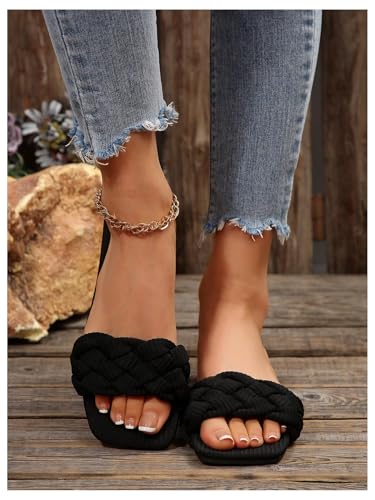 Women's Braided Flat Sandals Single Band Square Toe Slip on Slides Elegant Slide Shoes2