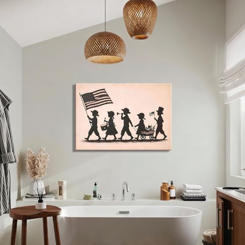 Image of RIBNTAK Vintage Kids Patriotic Parade Wall Art for Kids Room, American Flag Silhouette Poster for Home Office Decor, 4th of July Pictures Wall Decor, Unique Independence Day Canvas Prints