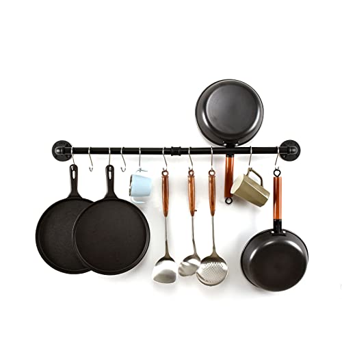 Hoemlim Pipe Pot Pan Rack Wall Mounted Industrial Utensil Lid Holder Cookware Hanger Kitchen Organizer Hanging Bar Rail With S Hooks(36 Inch,Black) #TOP2