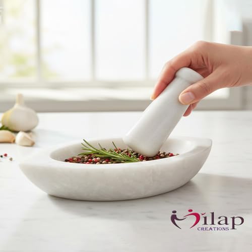 Image of White Boat Shape Marble Mortar and Pestle Set 7 Inch kitchen tool for grind, crush, and mix spices, herbs, chutneys, pastes, and medicines.