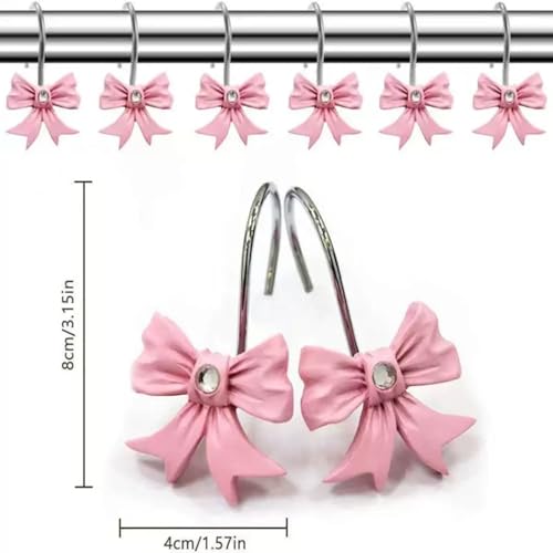 12 Pcs Bow Pink Shower Curtain Hooks,3.15in*1.57in,Suitable for Straight or Curved Rod of 22-30mm (0.8"-1.1") Diameter,Stylish and DurableStainless Steel Pink Bow Shower Curtain Hooks