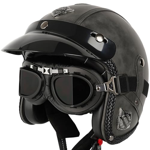 Casque Moto Jet, Casque Ouvert Moto avec Lunettes, Casque Moto Open Face Vintage Adulte Homme Femme ECE Homologué Casque de Cuir Moto pour Street Scooter Cruiser 11,L