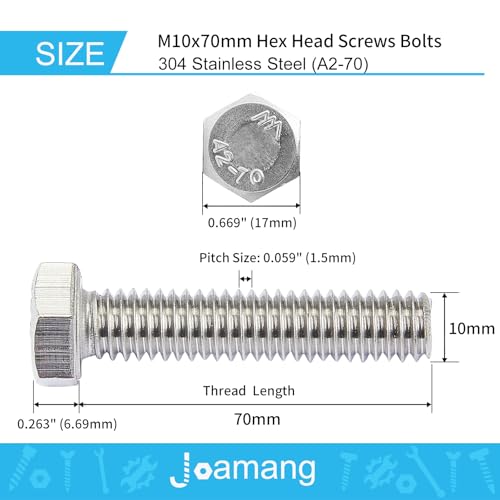 Image of M10-1.5 x 70mm 5Pcs Hex Bolts, Hexagon Head Screws, 304 Stainless Steel(A2-70), Metric Fully Thread, Bright Finish