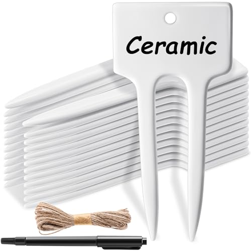 Colingmill 24 Pack Ceramic Plant Labels Garden Markers 4 Inch T-Type Plant Name Tags Herbs Succulent Name Tags for Indoor Outdoor Markers Tree Reusable Waterproof Label Stakes