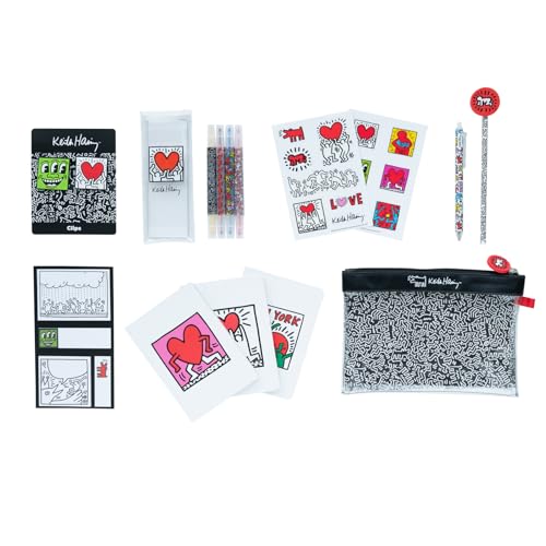 Grupo Erik: Set Cancelleria Keith Haring | Kit di Cancelleria con 3 Quaderni A6, Penna e Matita, 4 Evidenziatori, Clips, Note adesive, Stickers e Astuccio Keith Haring