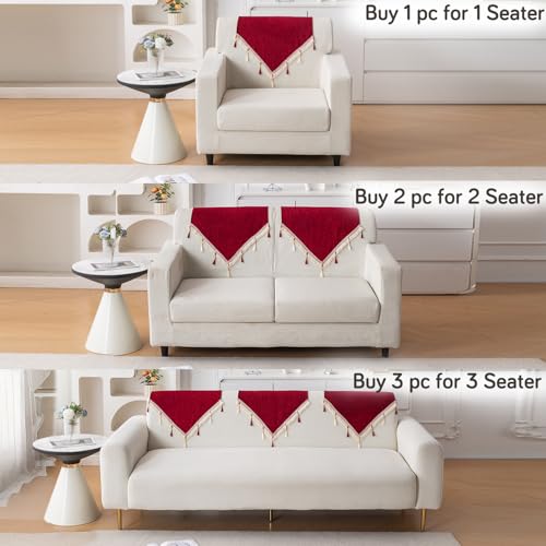 Image of HOKIPO 'Serenity Tassel' Chenille Sofa Back Cover with Tassels - 1 Pc Crimson Ruby (IN-894-MRN)