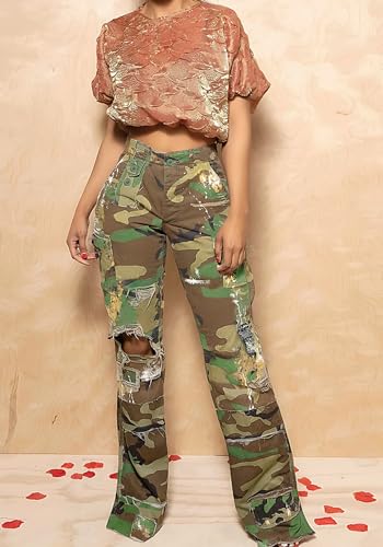 Vaceky Womens Camouflage Painted Distressed Ripped Straight Leg Cargo Pants2