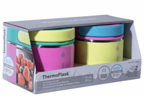 Image of ThermoFlask 20 oz Insulated Food Jar, 2-Pack, Pink and Blue, Hot 12 Hours Cold 24 Hours (Pink and Yellow)