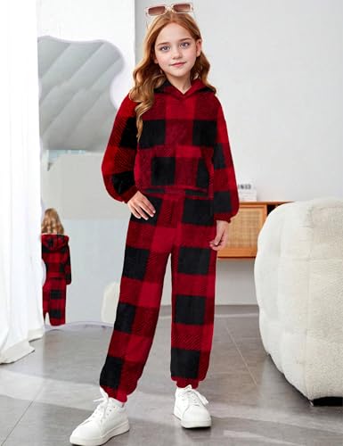 Image of Shallmu Girls Fuzzy Bear Ear Plaid Hoodie Pullover Sweatshirt with Pocket Sweatpants Fall Winter 2 Piece Outfits