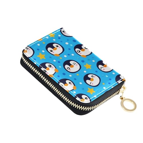 RFID Blocking Credit Card Holder Leather Womens Wallet Small Coin Purse Pouch with Zipper Cute Cartoon Penguins Blue