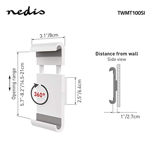 Image of NEDIS Tablet Wall Mount Holder for 7-12 Inch iOS & Android Tablets, 360 Rotating Adjustable Clamp (14.5-21 cm), Wall Mounted Stand Charging Slot, Steel & Plastic Holder, White /Grey, 1 Year Warranty