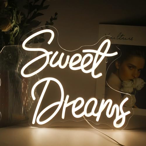 ineonlife Sweet Dreams Neon Sign Warm White Letter LED Neon Lights for Bedroom Wall Decor Words USB Powered Light Up Sign for Room Decor Valentine Party Wall Hanging Decoration