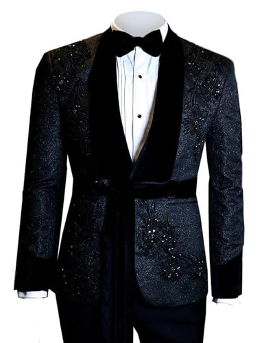 Men's 2 Piece Suit Fashion Applique Beaded Tuxedo Slim Fit Velvet Shawl Lapel Jacket Pants for Prom Party