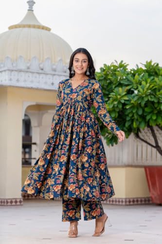 Image of MEERA FAB Women's Cotton Blend V-Neck Anarkali Printed Kurta with Palazzo & Dupatta