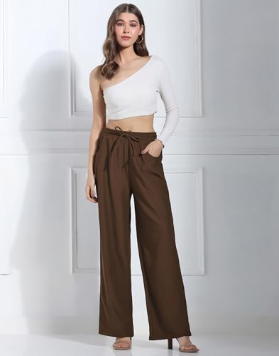 Image of Selvia Women's Brown Solid Trouser with Pocket, Comfort Fit Casual Pants