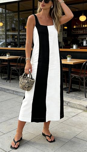 Image of CHARTOU Women Summer Sleeveless Linen Dress Contrast Color Maxi Long Beach Vacation Tank Dress