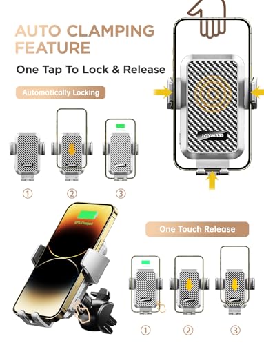 Image of JOYMASS Wireless Car Charger, 15W Fast Charging Auto Clamping Car Charger Cell Phone Holder Mount Vent for iPhone 15 14 13 12 Mini Pro Max, Samsung Galaxy S24 Ultra S23 S22 S21+ Note 20, etc - Silver