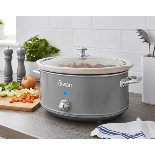 Swan Retro SF17031GRN Olla Cocción Lenta 6,5L Recipiente Extraíble, Antiadherente Cerámica libre PFOA y PTFE, 3 Niveles Temperatura, Tapa Vidrio, Slow Cooker, Diseño Vintage, Gris, 320W - imagen 7