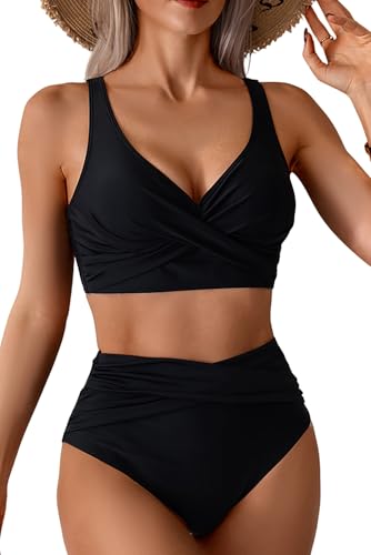 VILOREE Damen Mesh Bikini Set High Waist Zweiteiliger Bademode Wickeloptik V Ausschnitt Bauchkontrolle Schwarz (133) L
