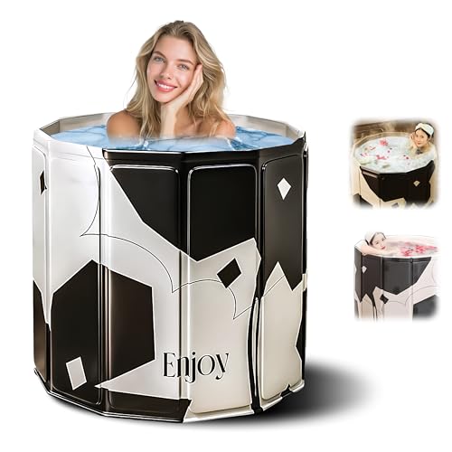 Image of Helteko Bath Tub for Adult for Bathroom, Foldable Tub for Home Use with Drainage Hole, Thickened Insulated Ice Bath Tub, Inflatable BathTub for Adults, Ice BathTub for Adults (Black Flower)