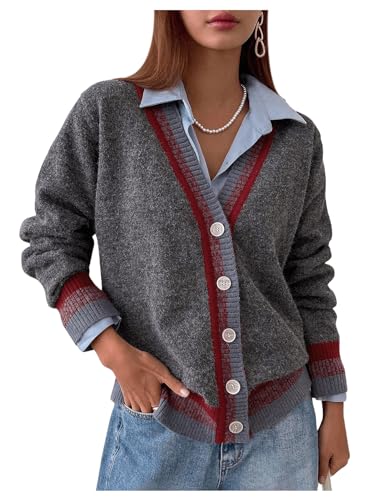 Verdusa Women's Striped Preppy Button Down Cardigan Sweaters Y2k Knit Tops Lightweight Cardigans