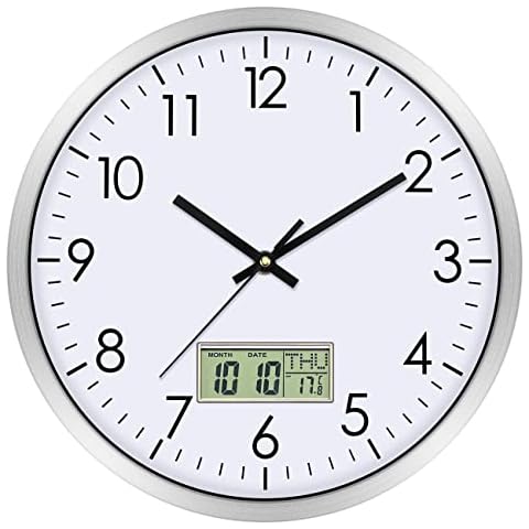 Lumuasky Wall Clock with Date, Month, Day of Week, and Temperature 12 Inch Non-Ticking Battery Powered Digital Wall Clock for Living Room Bedroom Classroom Cover