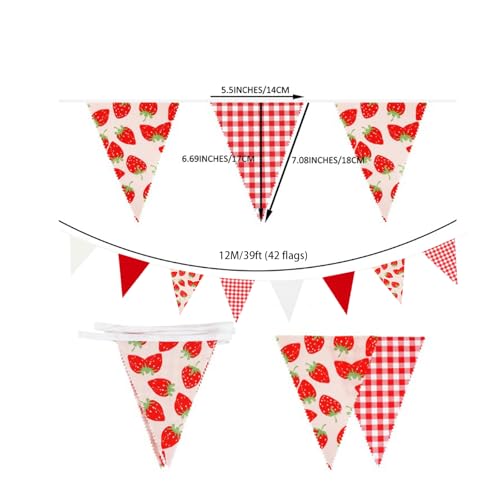 Image of Zwiebeco 39Ft Red White Strawberry Fabric Bunting Banner Triangle Flags Party Decorations Hanging Cotton Garland Pennant for Engagement Wedding Baby Shower Birthday Home Outdoor Garden Party Decor