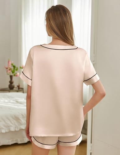 Image of Silk Pajamas for Women Short Sleeve Satin 2 Piece Pj Set Soft V Neck Sleepwear Loungewear, S-XXL