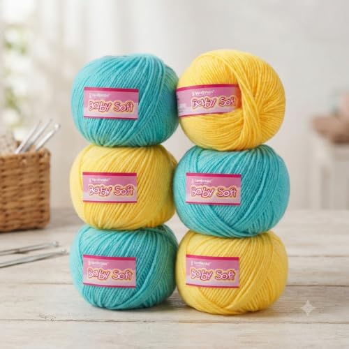 Image of Vardhman BabySoft Knitting Yarn | 100% Acrylic Wool | 4 Ply | Thin Knitting & Crocheting Hook Thread & Lightweight | Special Baby Wool | 150 Grams (6 Balls of 25g) | Machine Washable | Ideal for Blankets, Hats, Booties Ultra-Soft for Baby Sweaters, Blankets, Caps, Socks, Soft toys, Art & craft (Blue15 + Yellow85)