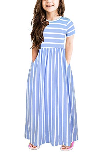GORLYA Girl's Short Sleeve Floral Print Loose Casual Holiday Long Maxi Dress with Pockets 4-12 Years (11-12Years/Height:150cm, Blue Stripe)