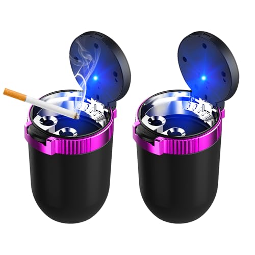 Image of KVAEY Car Ashtray with Lid, Mini Portable Car Ashtray, Detachable Stainless Steel Smokeless Ash tray with LED Blue Light, Windproof Cars Accessory for Travel Car Smokers (Purple, 2pcs)