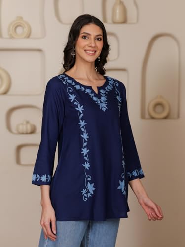 Image of QAZMI Women Kashmiri Aari Embroidered A-Line Viscose Rayon Short Kurti with Full Sleeves