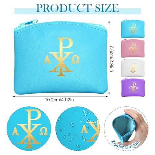 Image of Dansydaisy 4 Pcs Rosary Pouch Catholic with Gold Cross PU Leather Rosary Case for Women and Men Coin Purses Holder Zipper Bag for Travel Christmas, 4 Colors(Elegant Colors,Chi Rho)