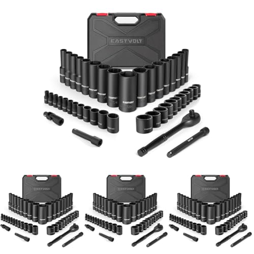 Image of Eastvolt 46 Pieces Drive Socket Ratchet Wrench Set, Mechanic Tool Kits with 72 Teeth Reversible Ratchet, Extension Bar Set and Storage Case, Metric /SAE One Size(Pack of 4)
