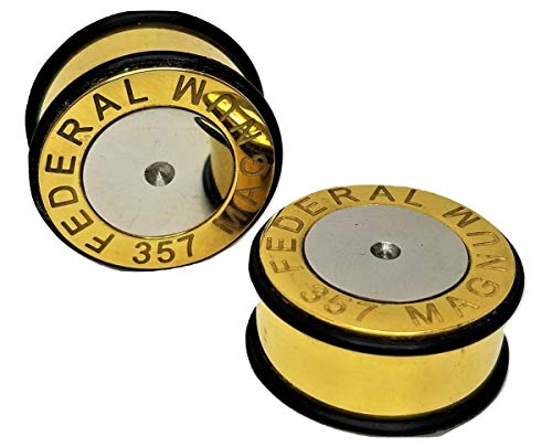Magnum 357 Bullet Ear Plugs - Metal, Weighted Ear Gauges - 10 Sizes - Pair