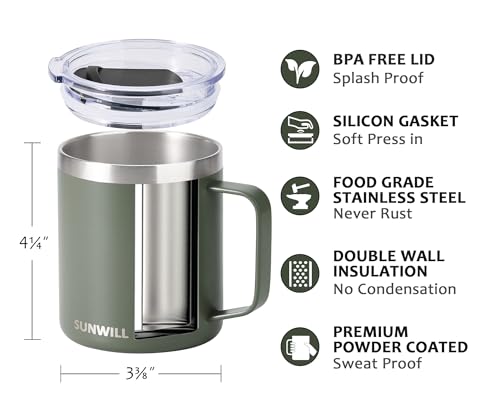 Image of SUNWILL Travel Coffee Mug with Lid, Insulated Tumbler with Handle, 14 oz Stainless Steel Cup for Home, Office, Camping, Powder Coated Camp Green