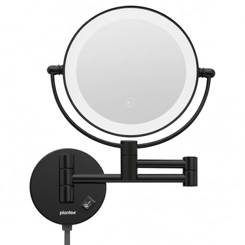 Image of Plantex Brass and 304 Stainless-Steel Magnifying Mirror with LED /Wall Mount Makeup Mirror with Light /Zoom Mirror- 5x /1x Magnification (8 Inch-Black)
